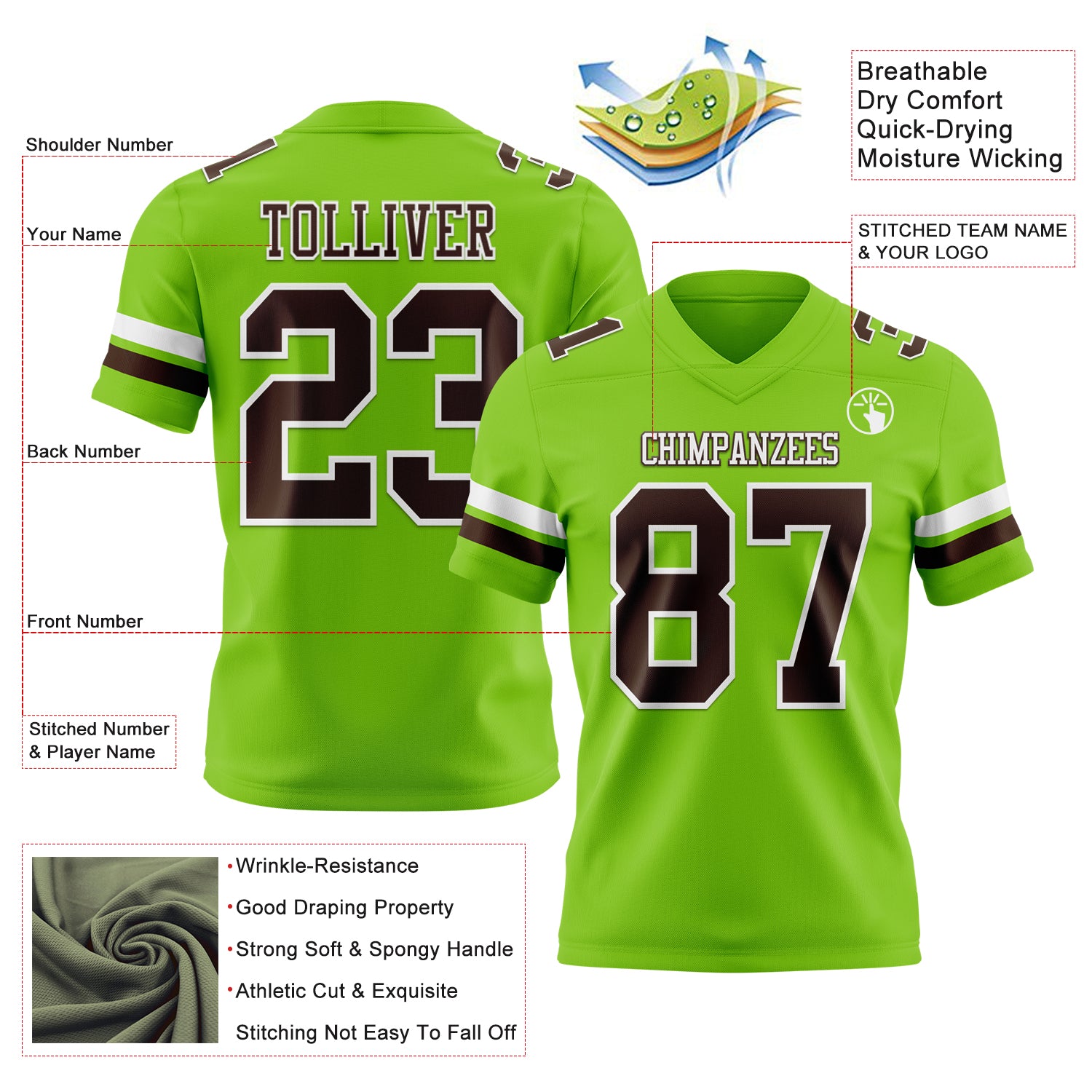 Custom Neon Green Brown-White Authentic Football Jersey