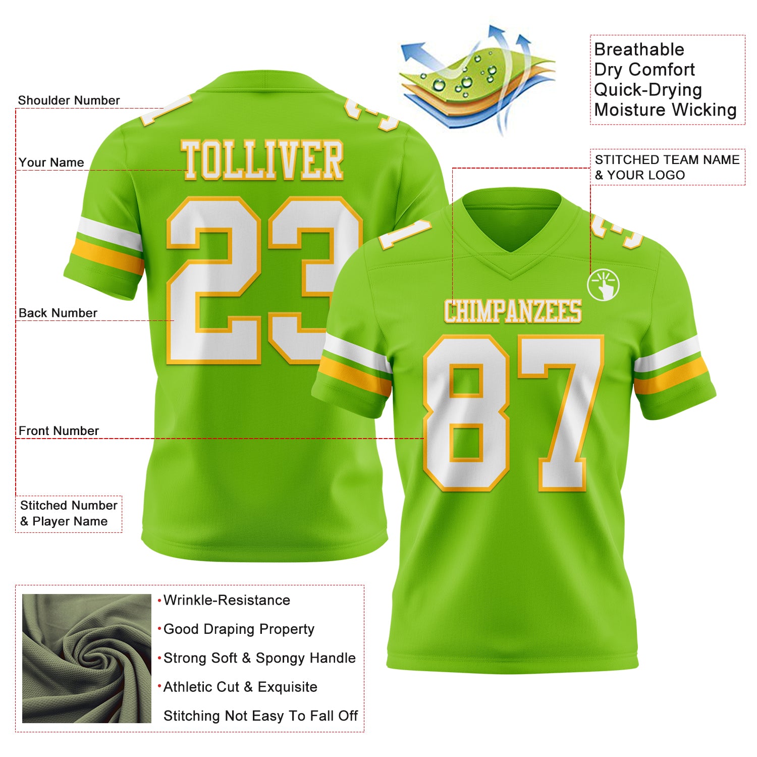 Custom Neon Green White-Gold Authentic Football Jersey