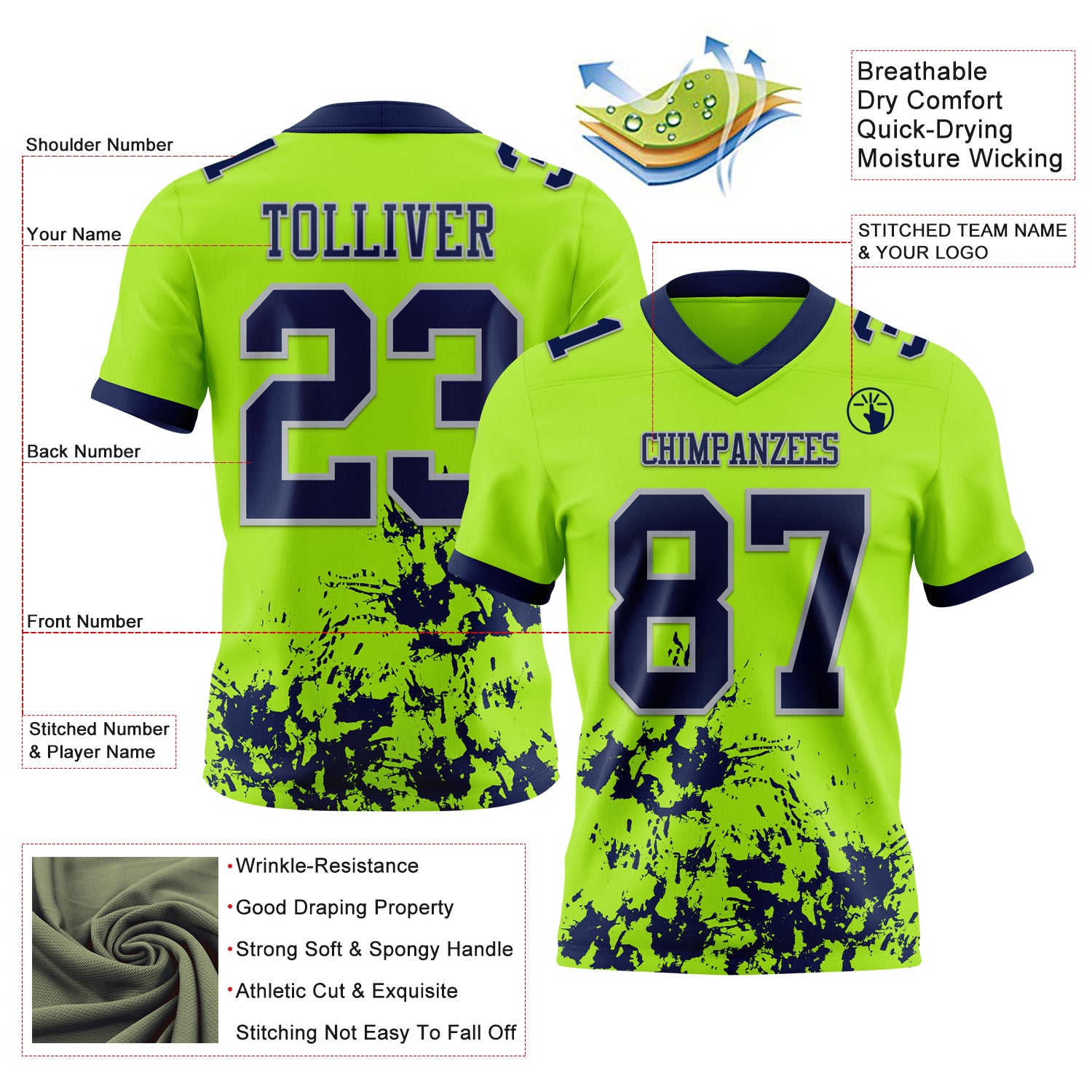 Custom Neon Green Navy-Gray 3D Pattern Splash Authentic Football Jersey