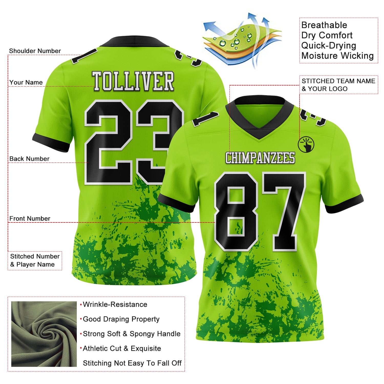 Custom Neon Green Black Grass Green-White 3D Pattern Splash Authentic Football Jersey