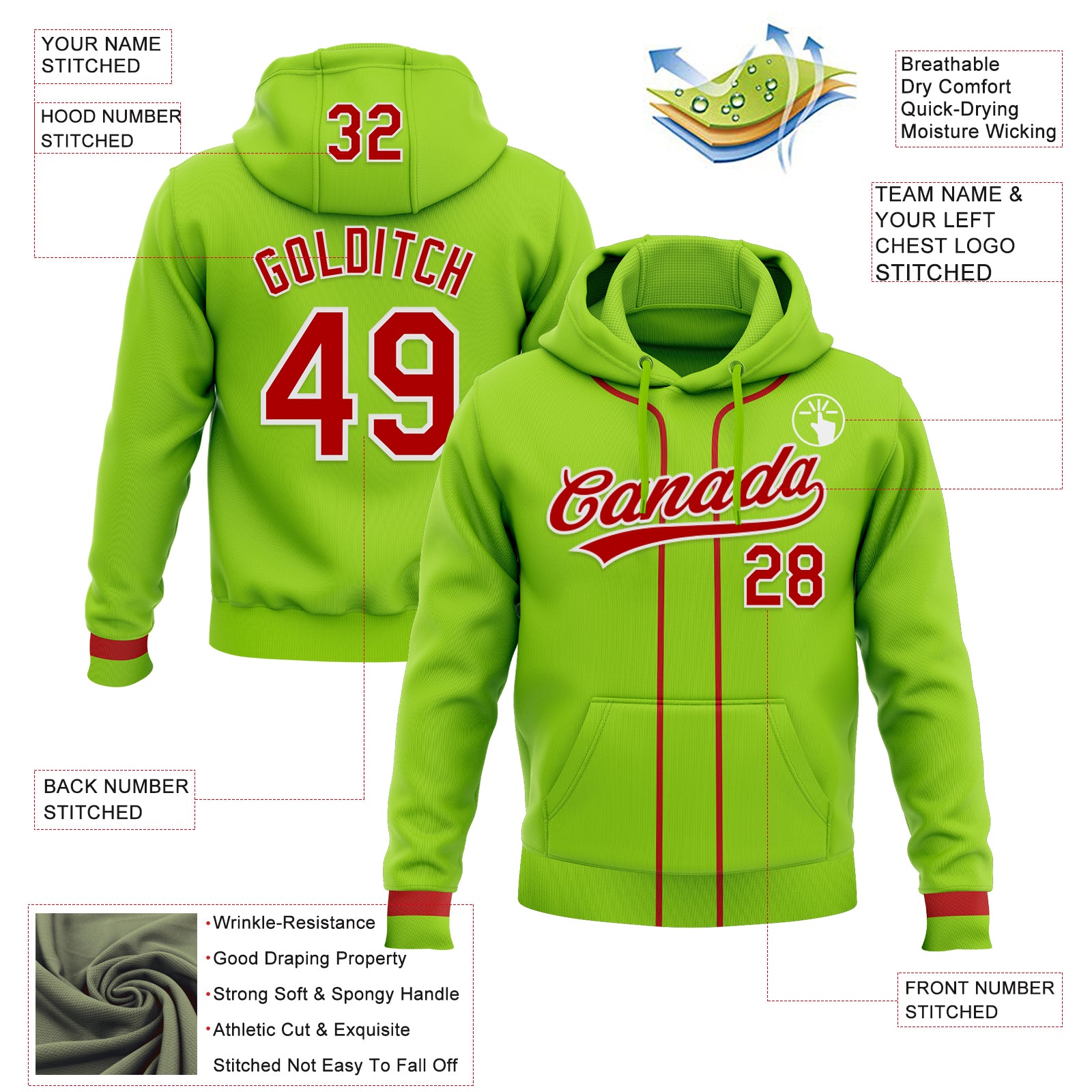 Custom Stitched Neon Green Red-White Baseball Pullover Sweatshirt Hoodie