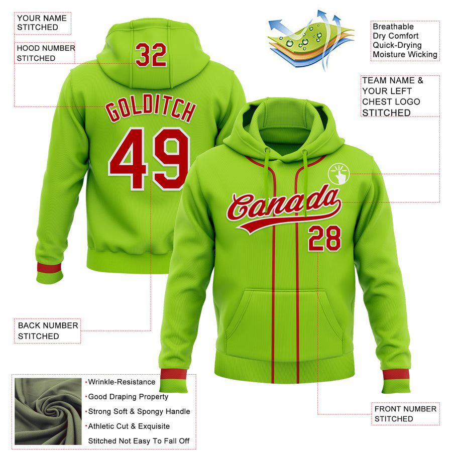 Custom Stitched Neon Green Red-White Baseball Pullover Sweatshirt Hoodie