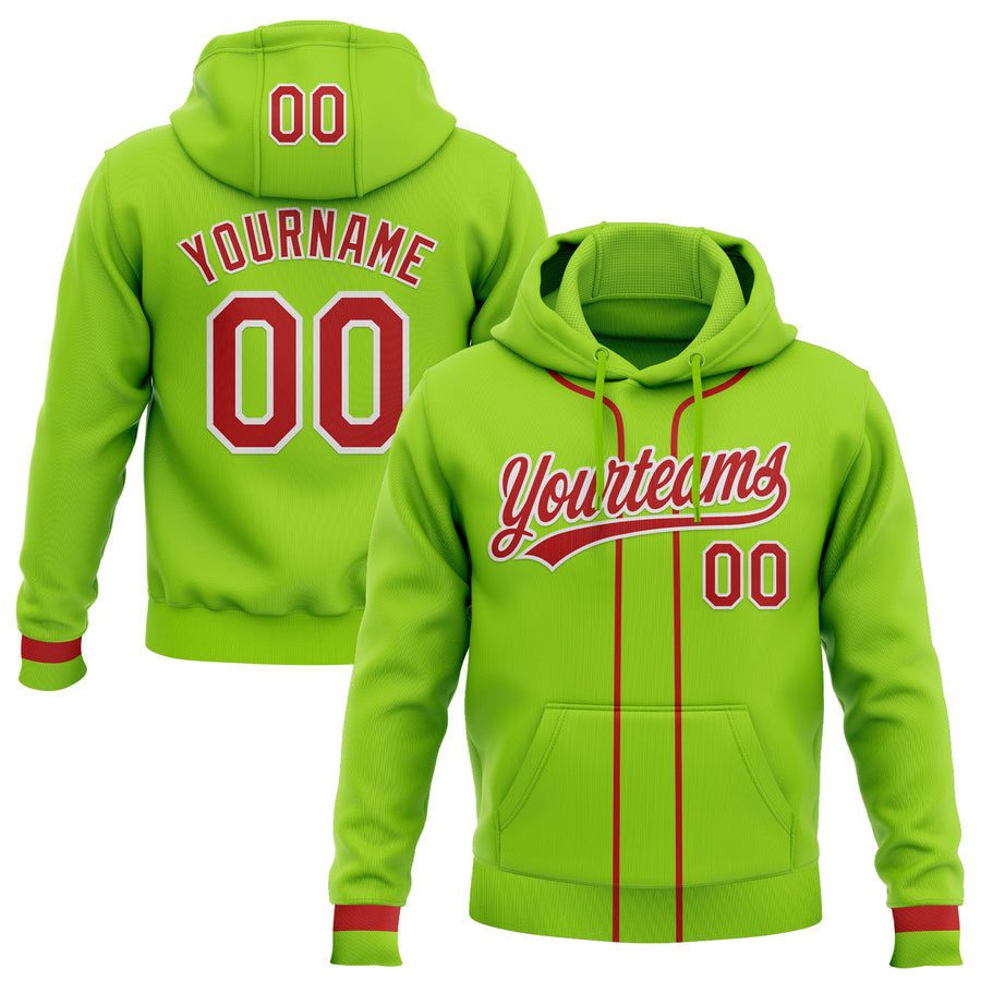 Custom Stitched Neon Green Red-White Baseball Pullover Sweatshirt Hoodie
