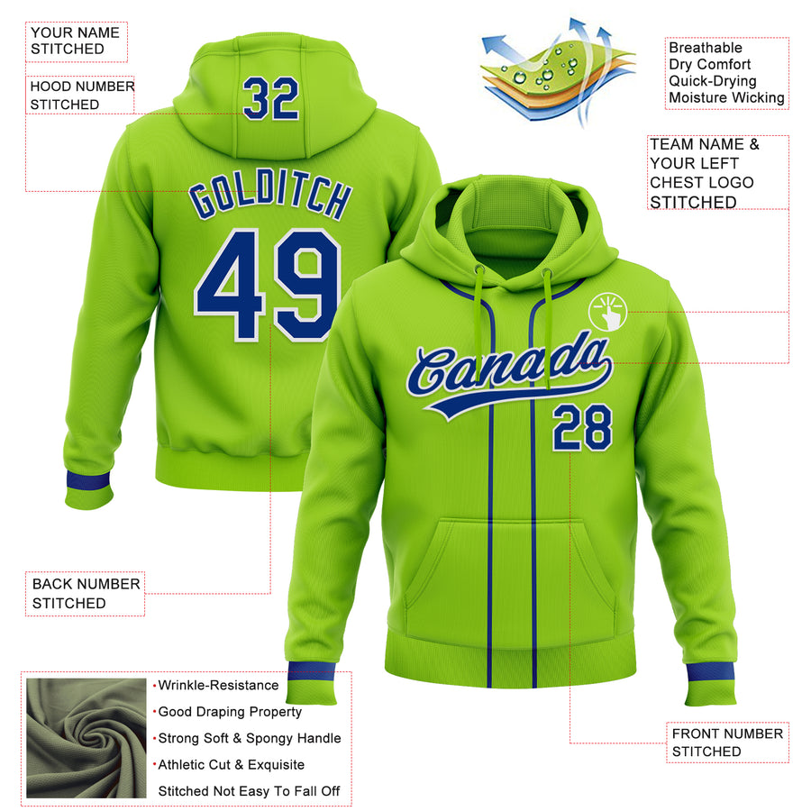 Custom Stitched Neon Green Royal-White Baseball Pullover Sweatshirt Hoodie