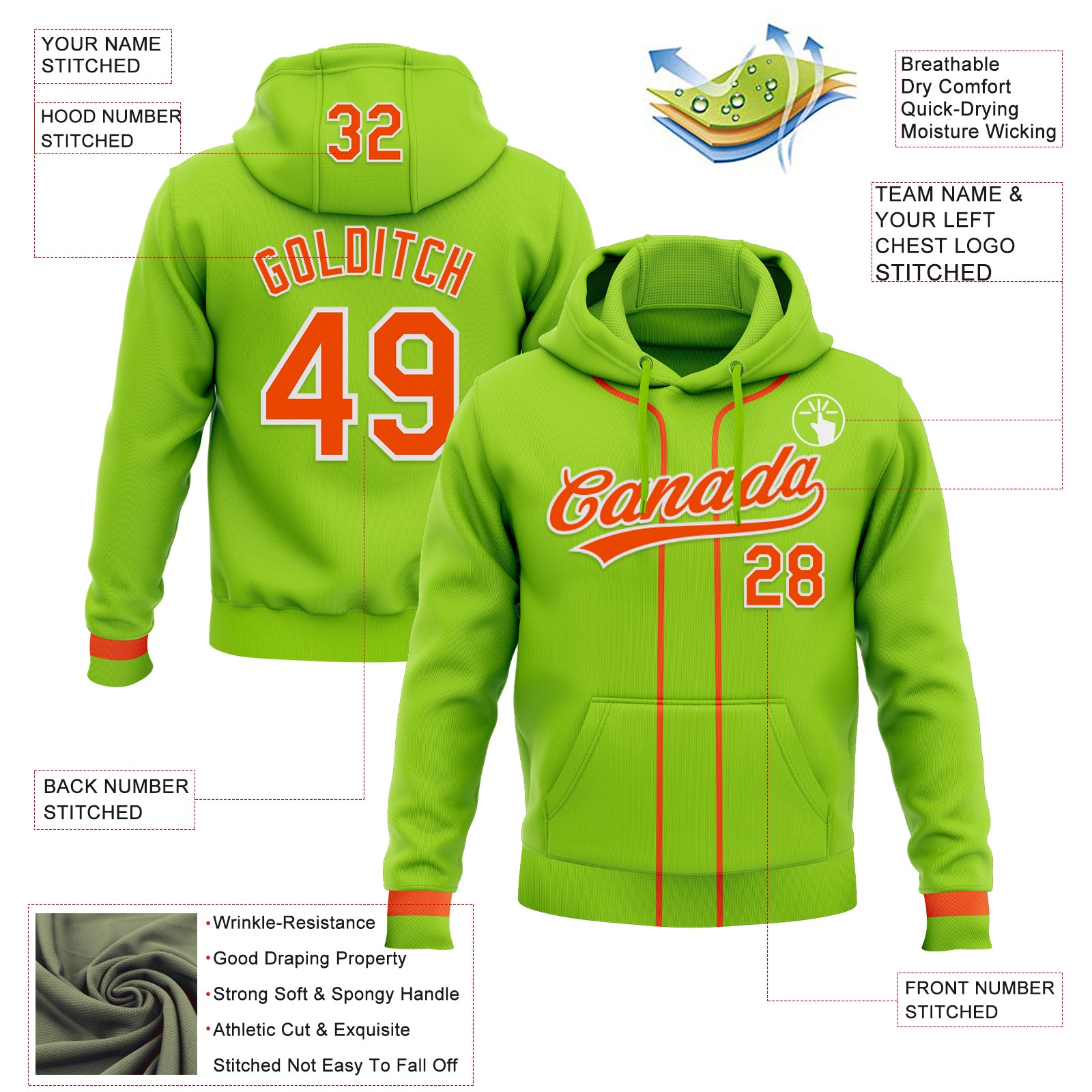 Custom Stitched Neon Green Orange-White Baseball Pullover Sweatshirt Hoodie