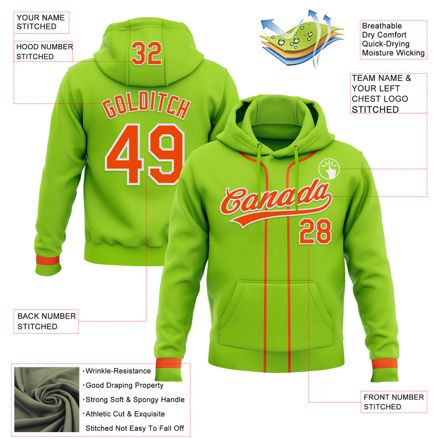 Custom Stitched Neon Green Orange-White Baseball Pullover Sweatshirt Hoodie