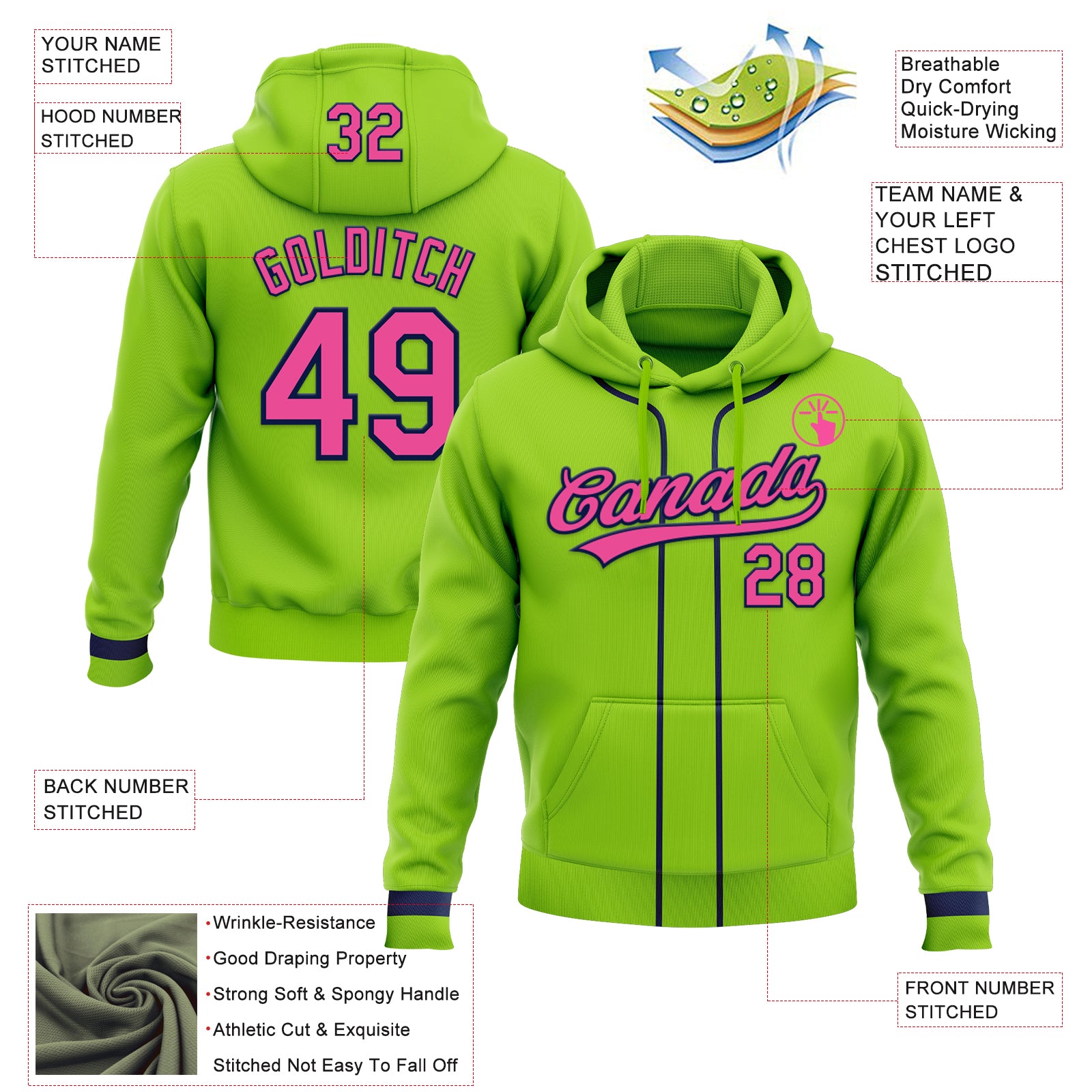 Custom Stitched Neon Green Pink-Navy Baseball Pullover Sweatshirt Hoodie