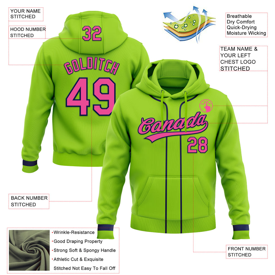 Custom Stitched Neon Green Pink-Navy Baseball Pullover Sweatshirt Hoodie