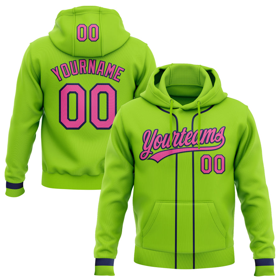 Custom Stitched Neon Green Pink-Navy Baseball Pullover Sweatshirt Hoodie