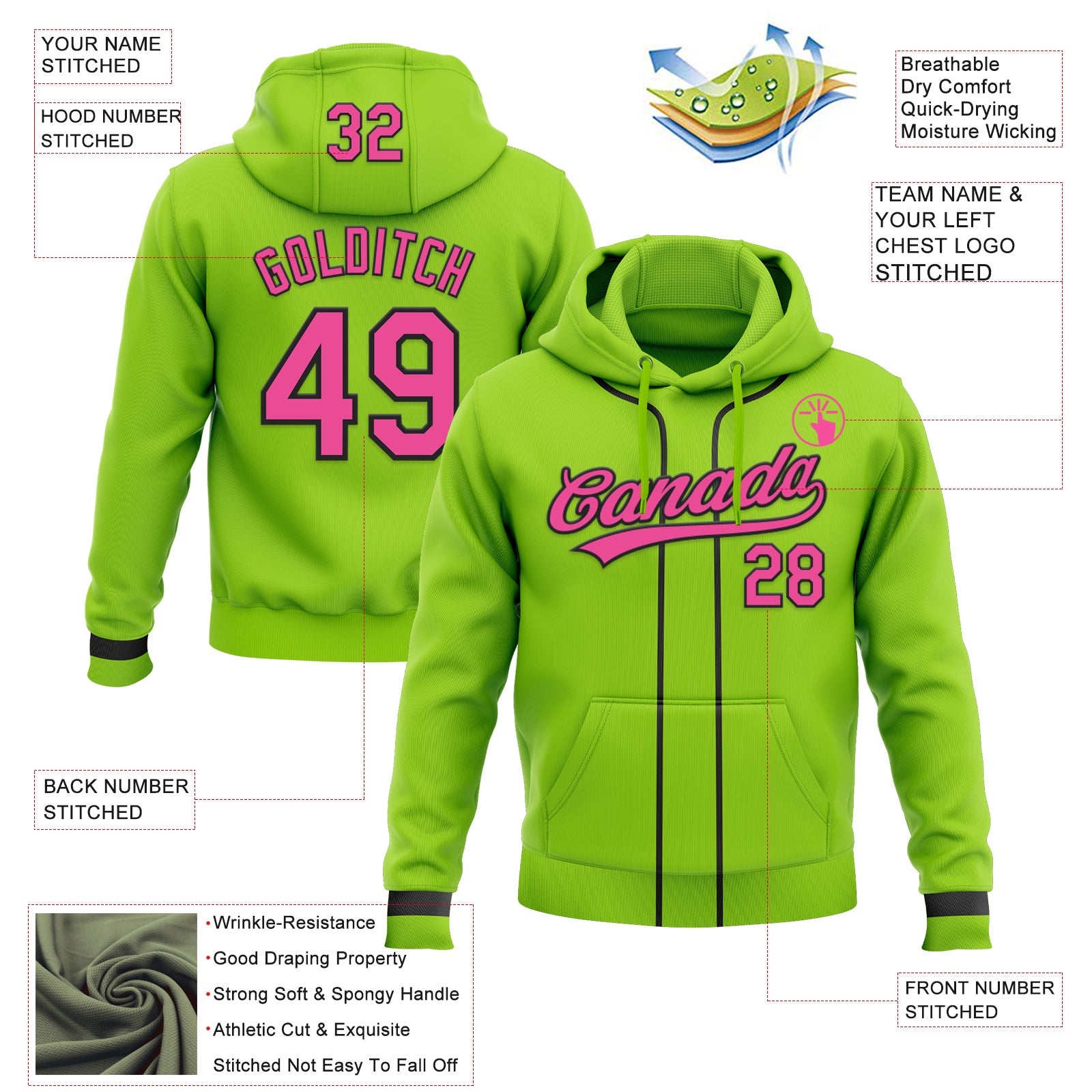 Custom Stitched Neon Green Pink-Black Baseball Pullover Sweatshirt Hoodie