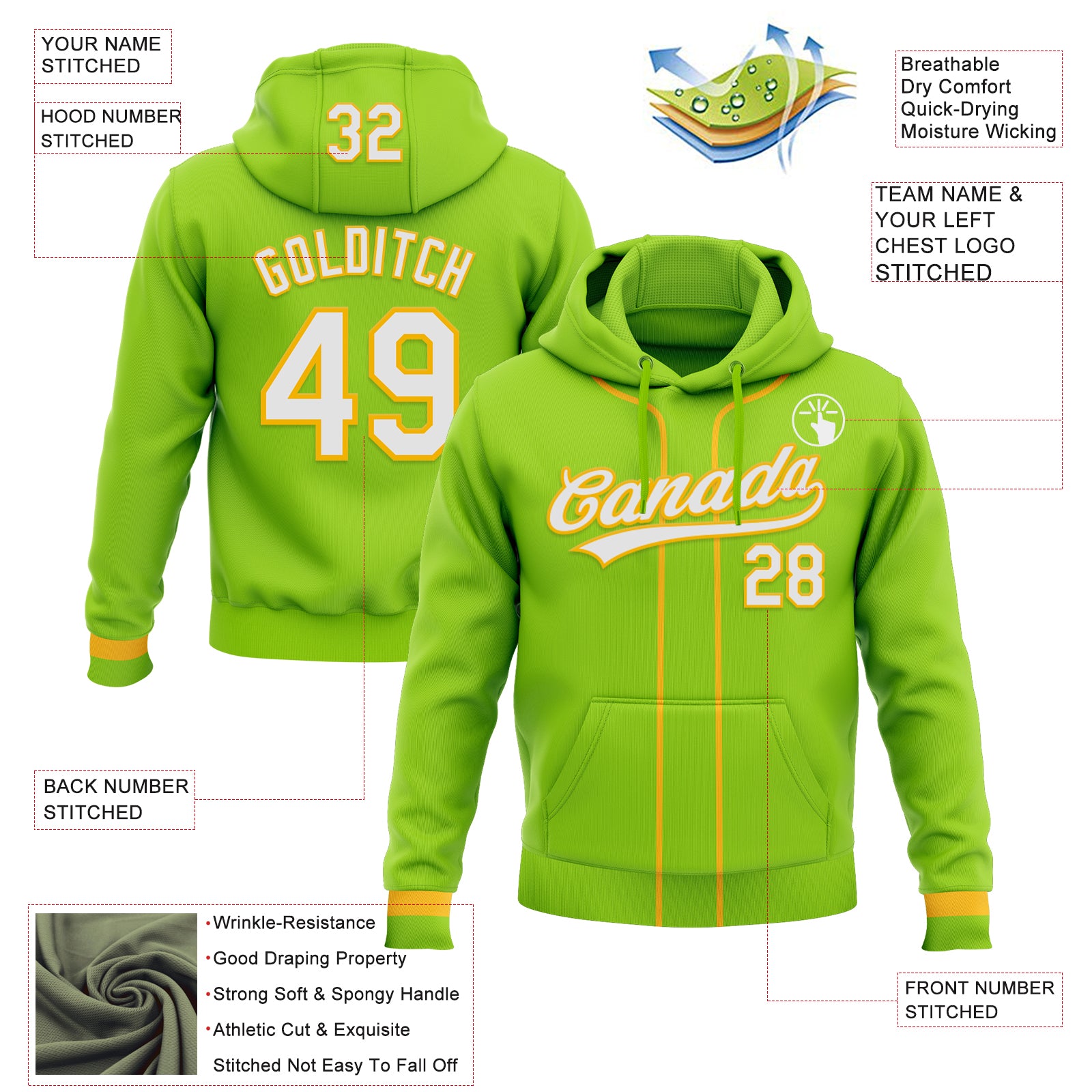 Custom Stitched Neon Green White-Gold Baseball Pullover Sweatshirt Hoodie