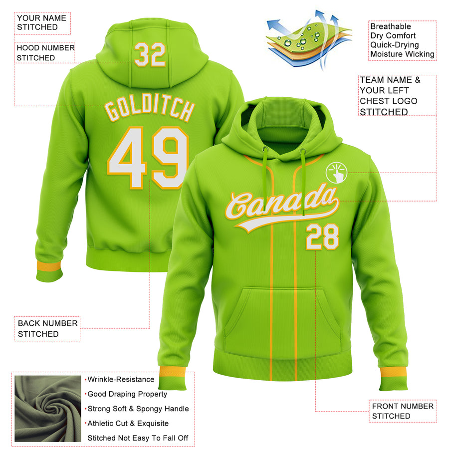 Custom Stitched Neon Green White-Gold Baseball Pullover Sweatshirt Hoodie
