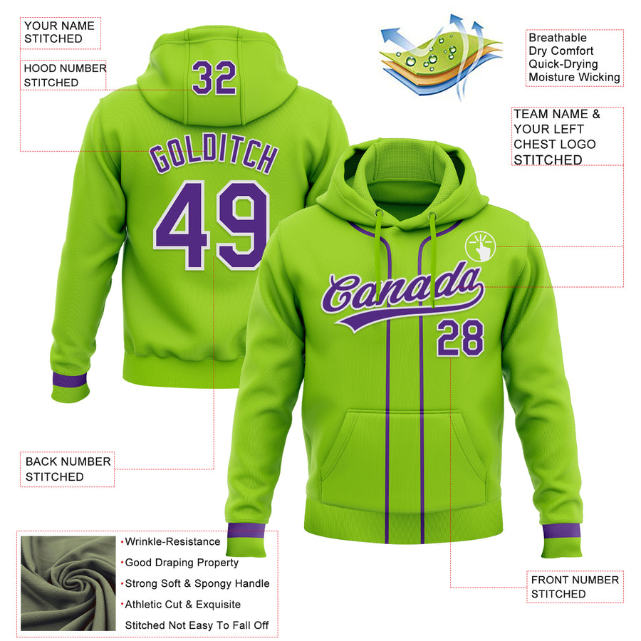 Custom Stitched Neon Green Purple-White Baseball Pullover Sweatshirt Hoodie