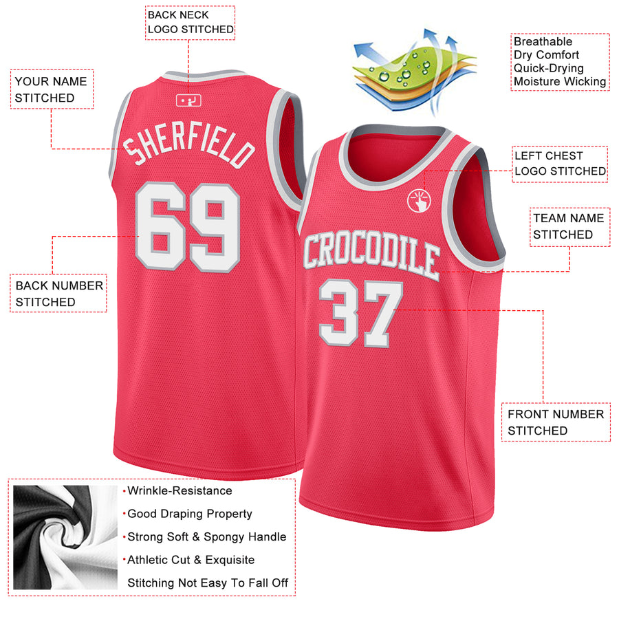 Custom Neon Pink White-Gray Authentic Basketball Jersey
