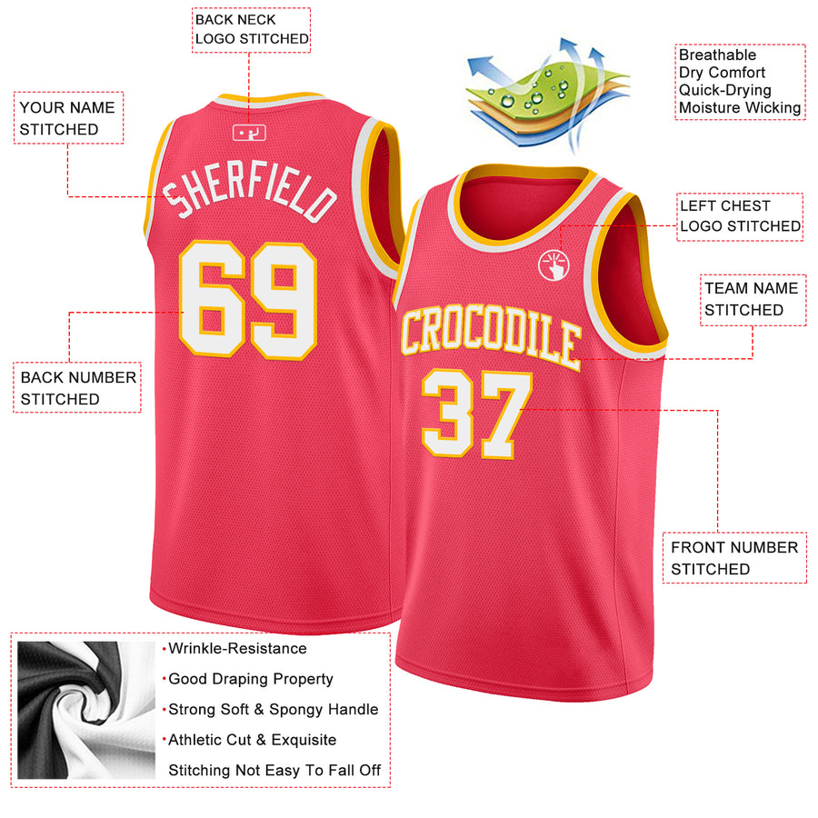 Custom Neon Pink White-Gold Authentic Basketball Jersey