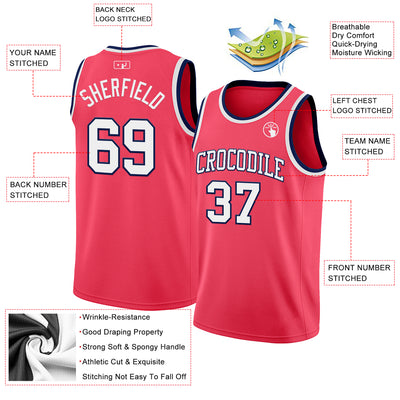 Custom Neon Pink White-Navy Authentic Basketball Jersey
