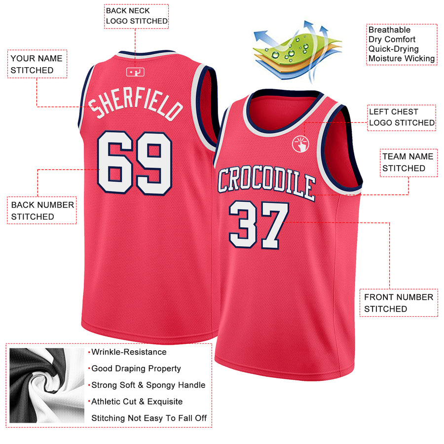 Custom Neon Pink White-Navy Authentic Basketball Jersey