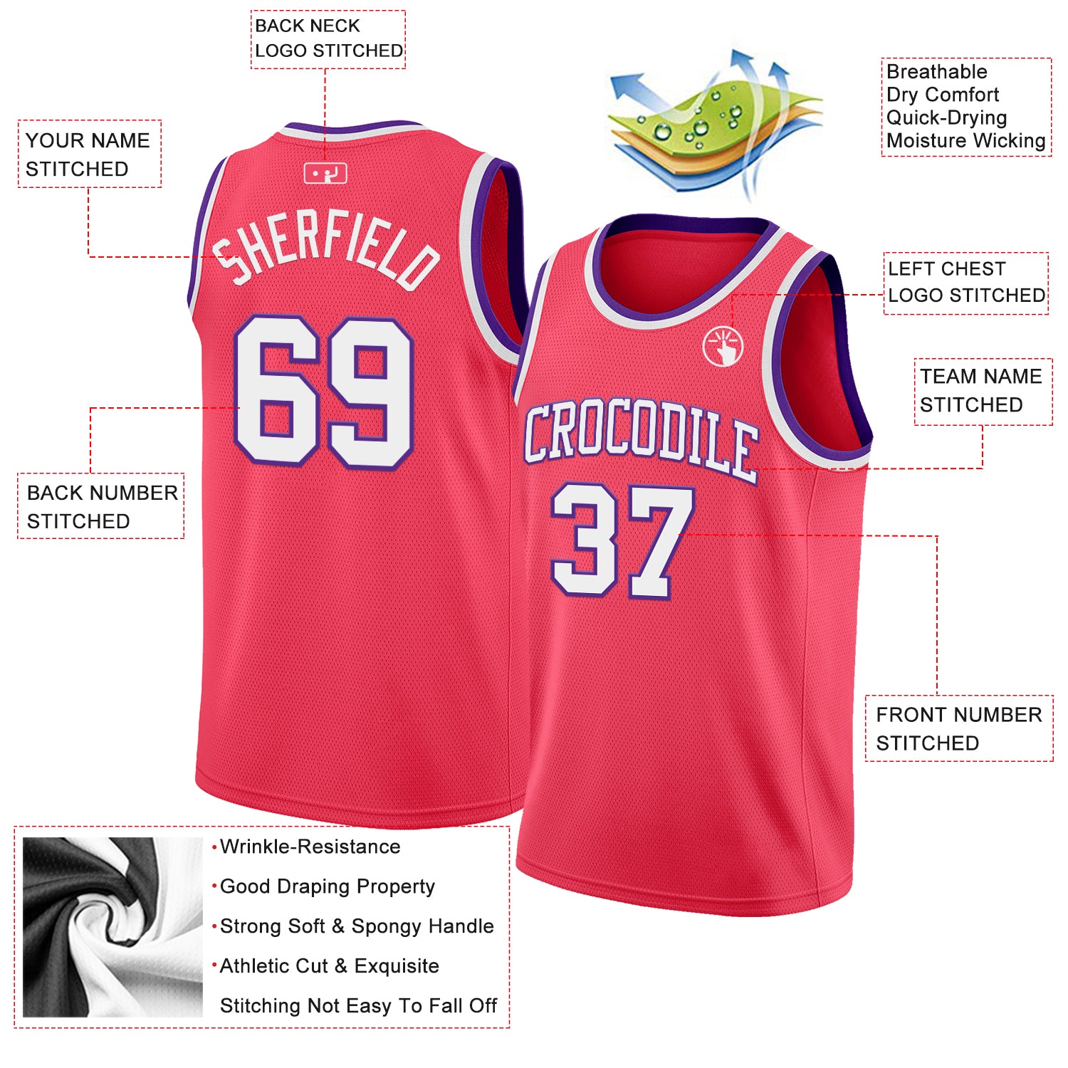 Custom Neon Pink White-Purple Authentic Basketball Jersey