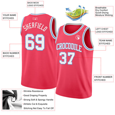 Custom Neon Pink White-Light Blue Authentic Basketball Jersey