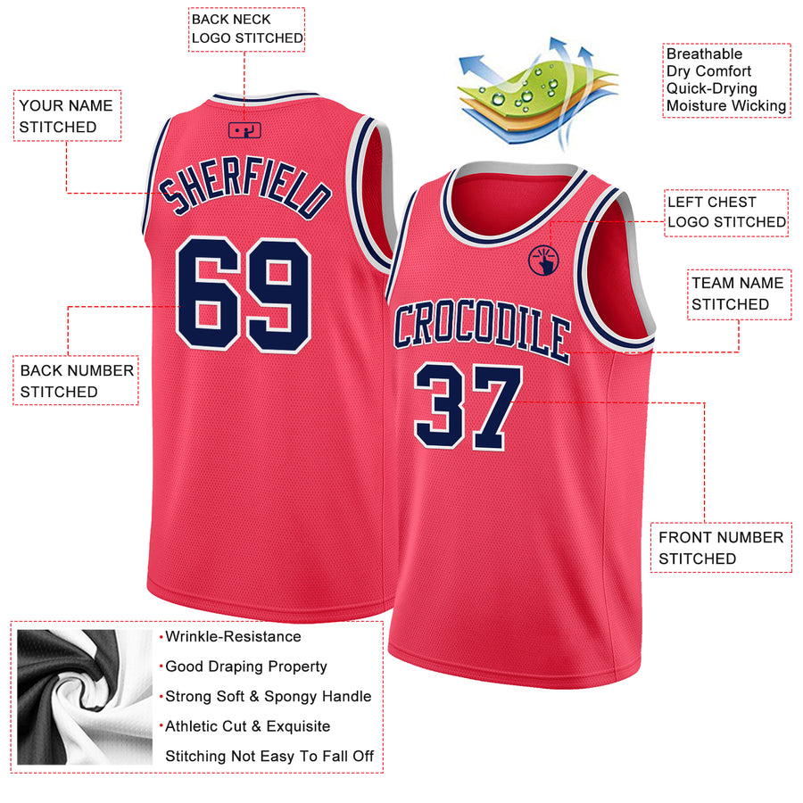 Custom Neon Pink Navy-White Authentic Basketball Jersey