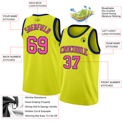 Custom Neon Yellow Pink-Navy Authentic Basketball Jersey