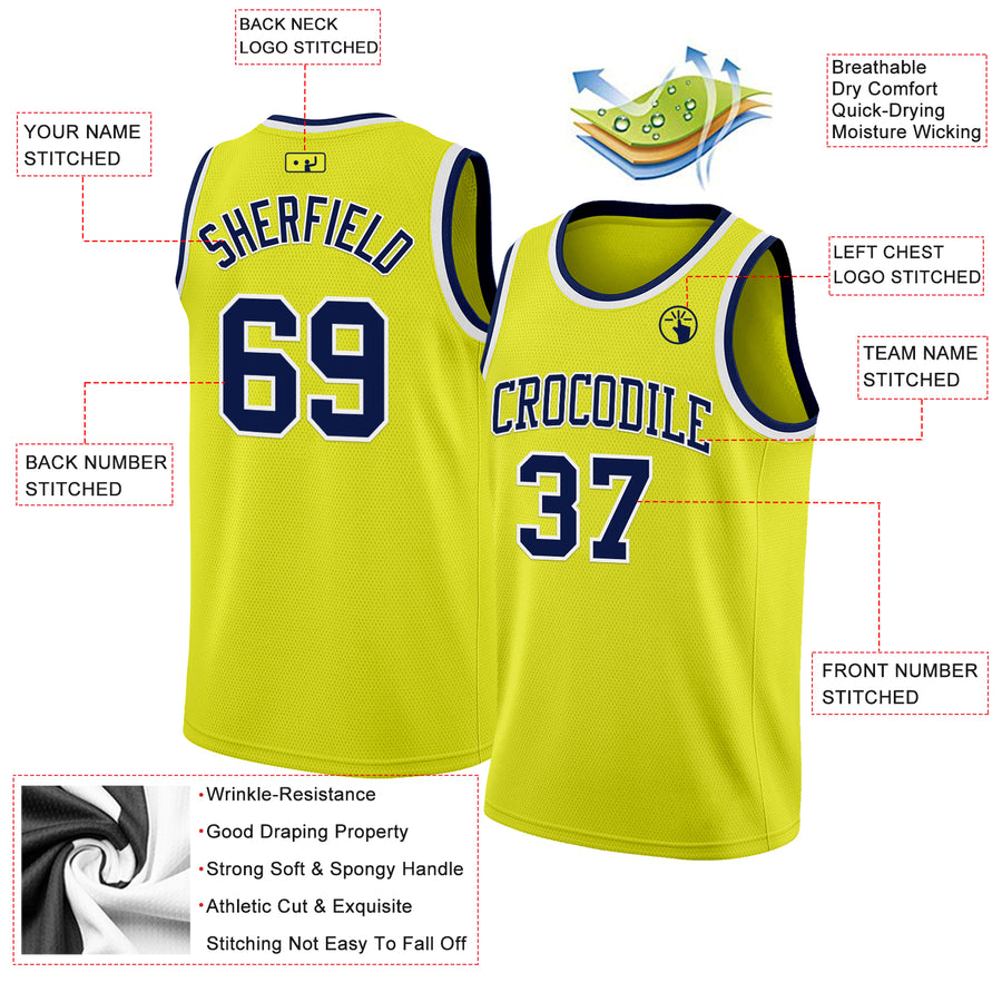 Custom Neon Yellow Navy-White Authentic Basketball Jersey