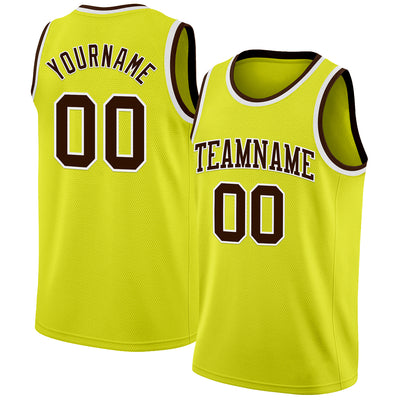 Custom Neon Yellow Brown-White Authentic Basketball Jersey