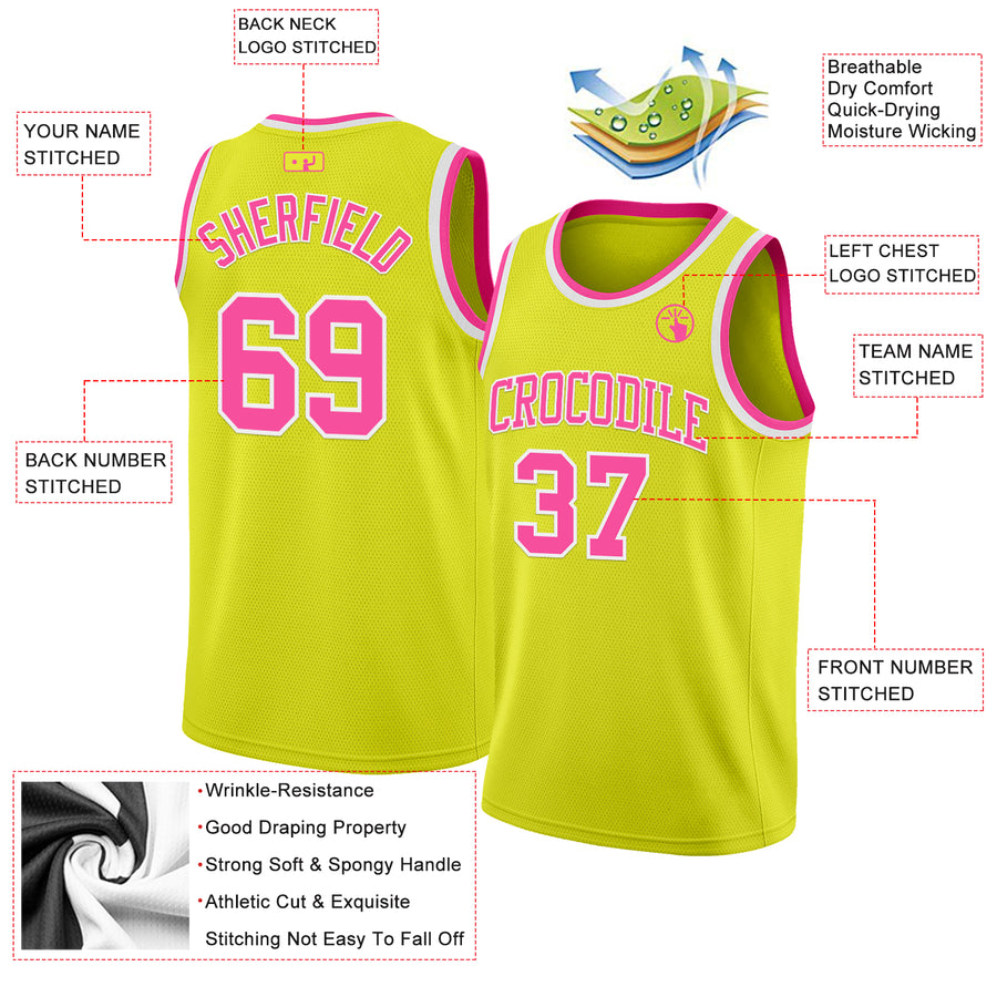 Custom Neon Yellow Pink-White Authentic Basketball Jersey