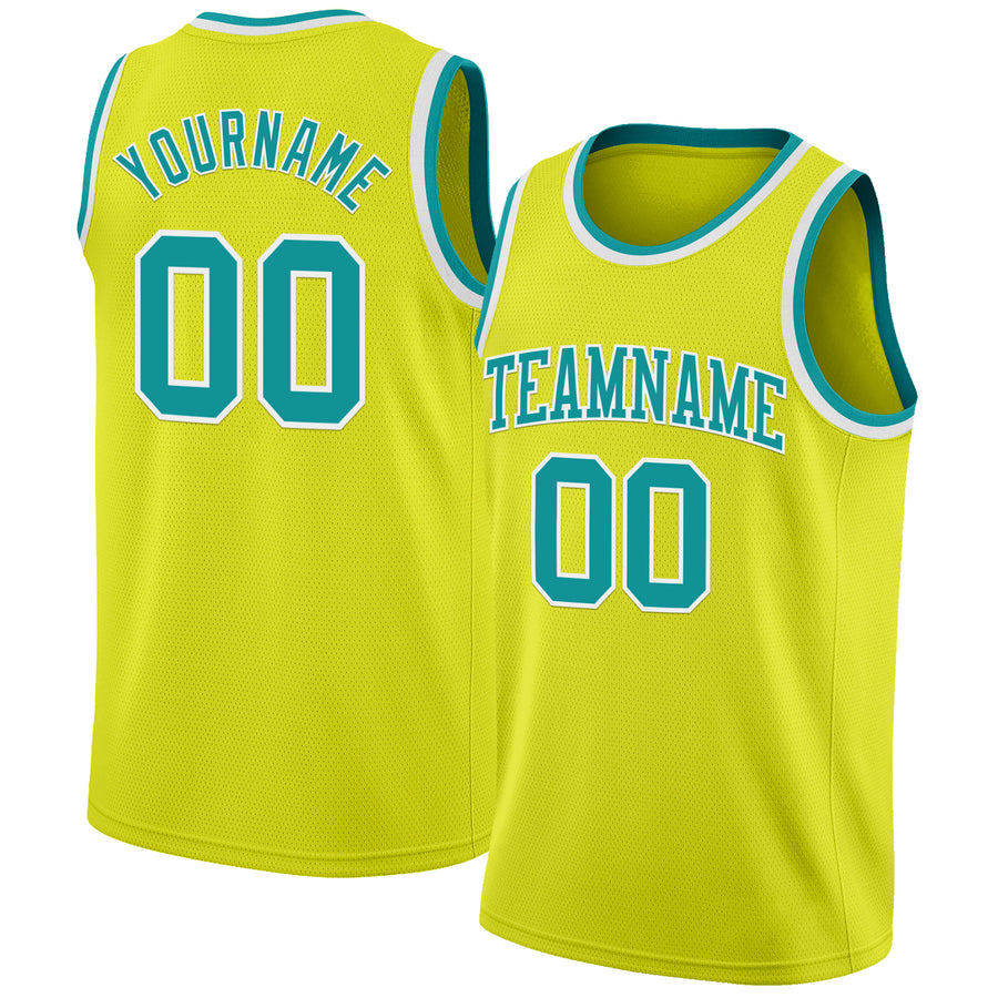 Custom Neon Yellow Teal-White Authentic Basketball Jersey