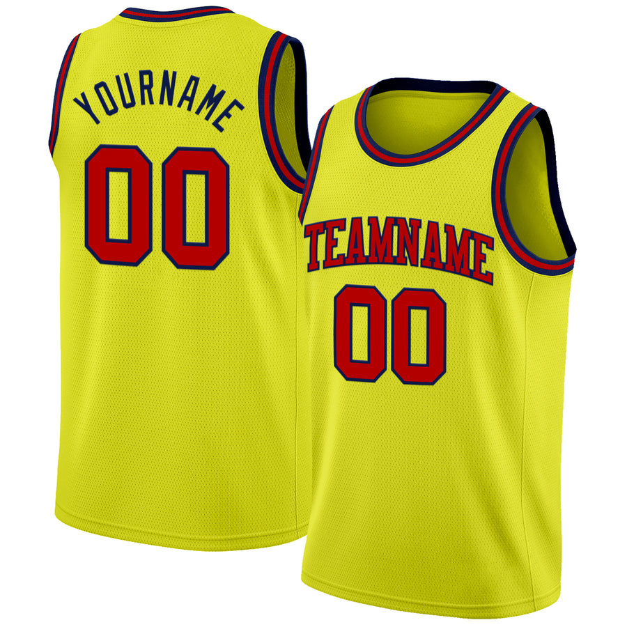 Custom Neon Yellow Red-Navy Authentic Basketball Jersey
