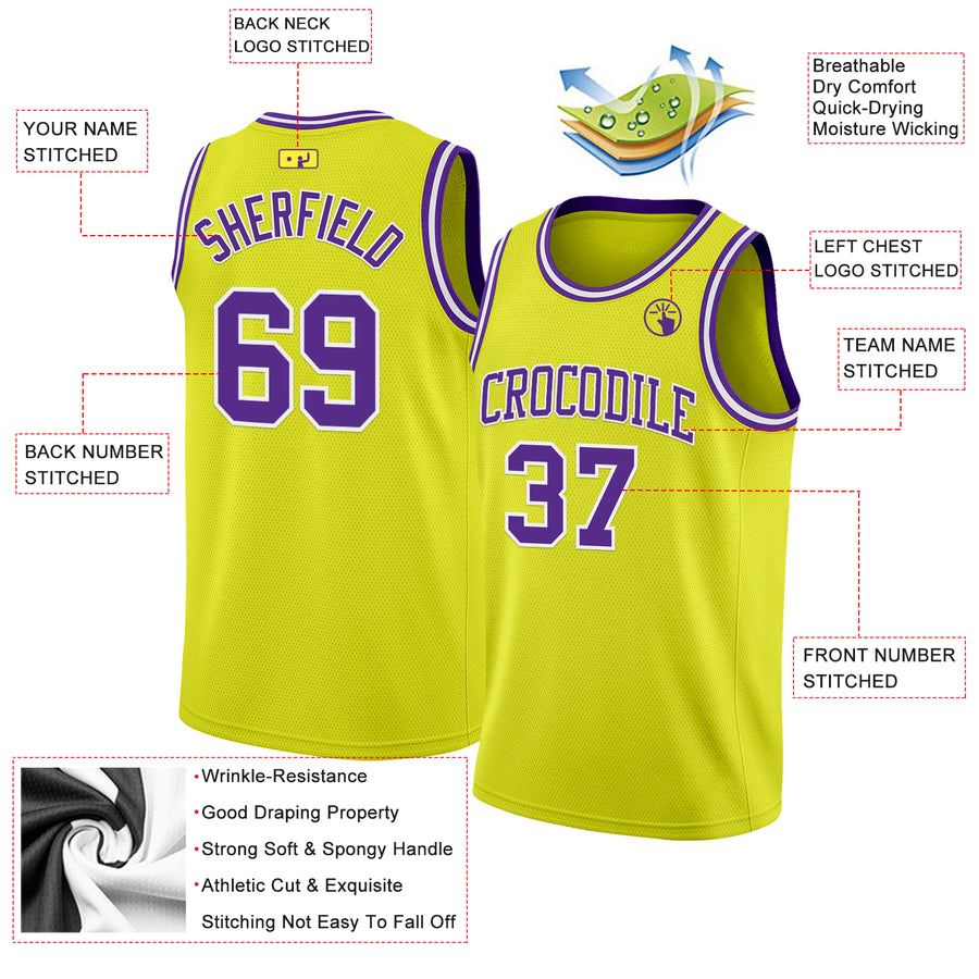 Custom Neon Yellow Purple-White Authentic Basketball Jersey