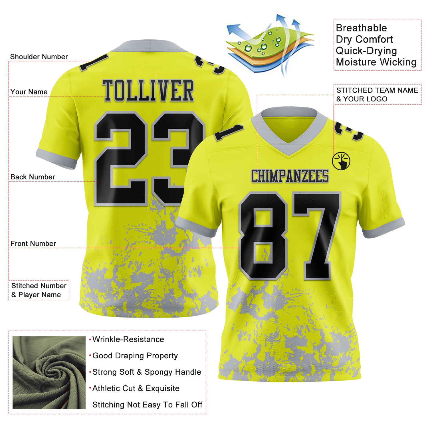 Custom Neon Yellow Black-Gray 3D Pattern Splash Authentic Football Jersey