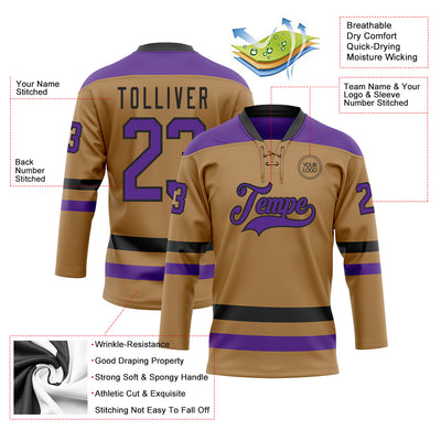 Custom Old Gold Purple-Black Hockey Lace Neck Jersey