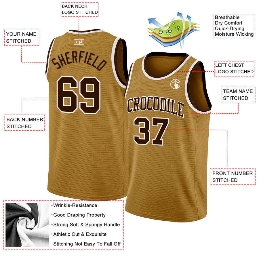 Custom Old Gold Brown-White Authentic Basketball Jersey