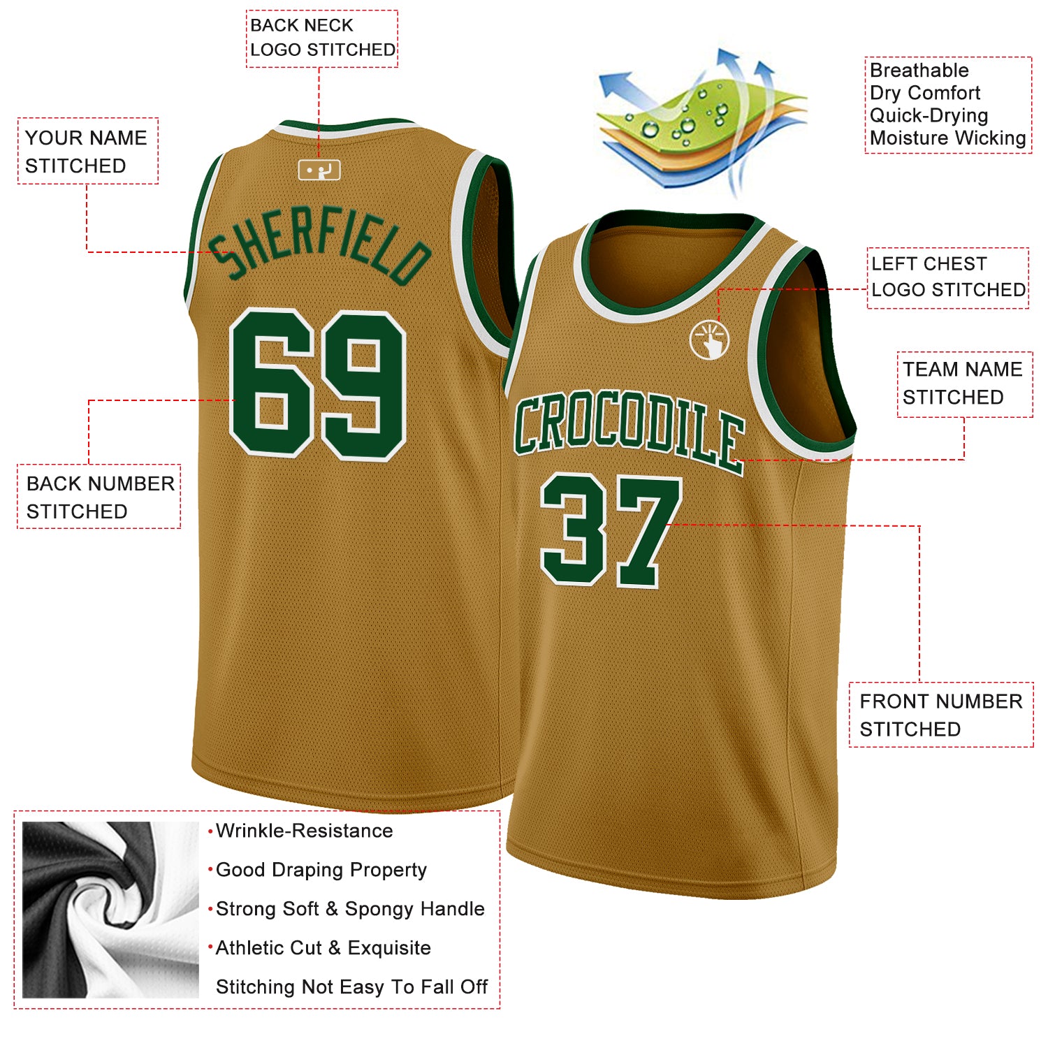 Custom Old Gold Green-White Authentic Basketball Jersey