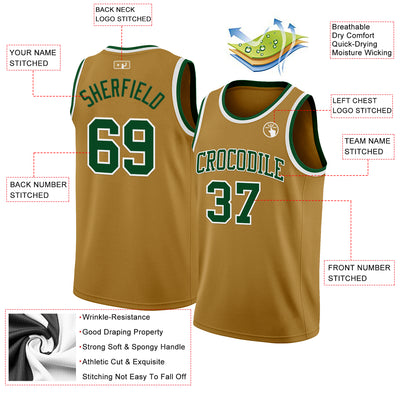 Custom Old Gold Green-White Authentic Basketball Jersey