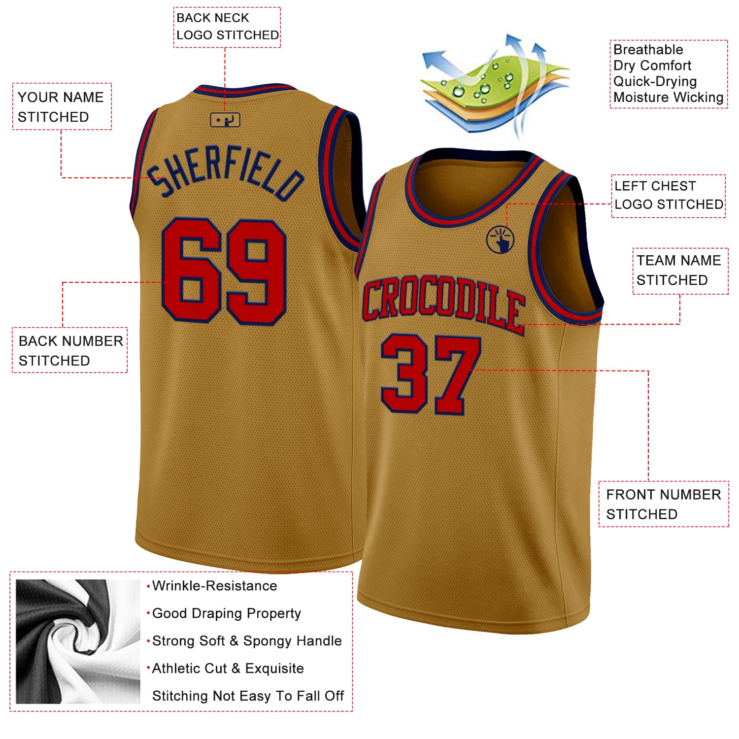Custom Old Gold Red-Navy Authentic Basketball Jersey
