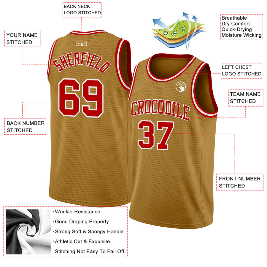 Custom Old Gold Red-White Authentic Basketball Jersey