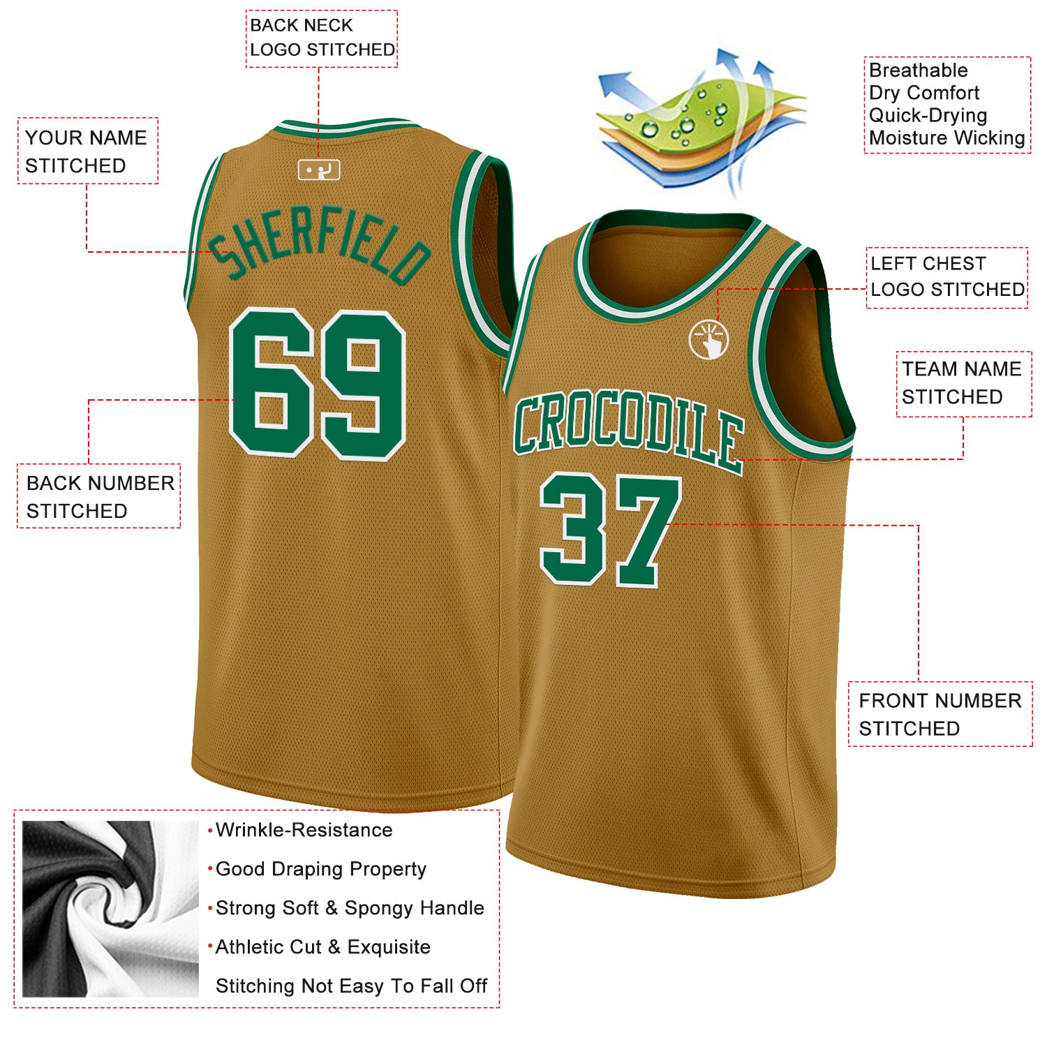 Custom Old Gold Kelly Green-White Authentic Basketball Jersey