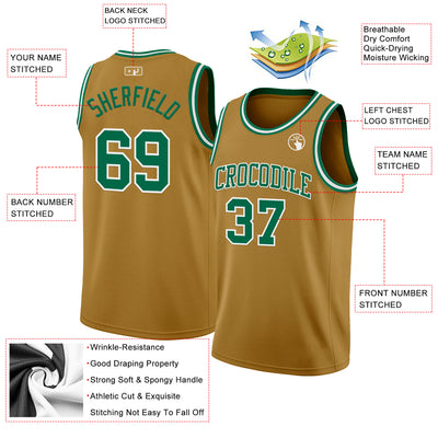 Custom Old Gold Kelly Green-White Authentic Basketball Jersey