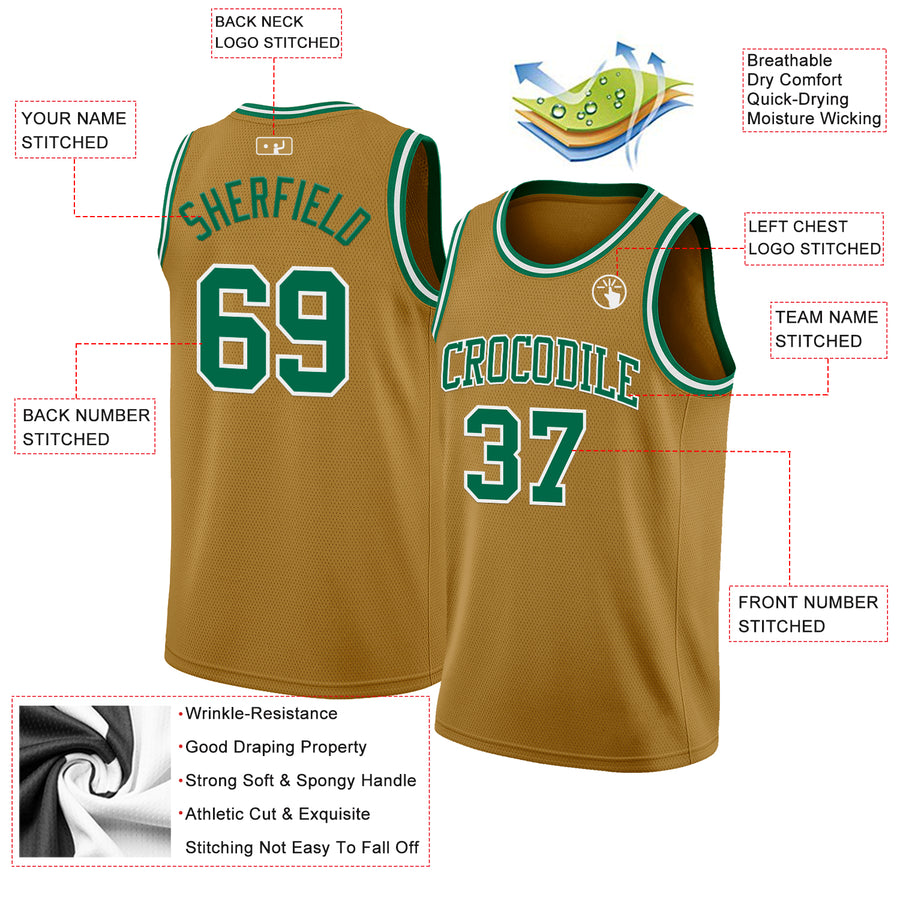 Custom Old Gold Kelly Green-White Authentic Basketball Jersey