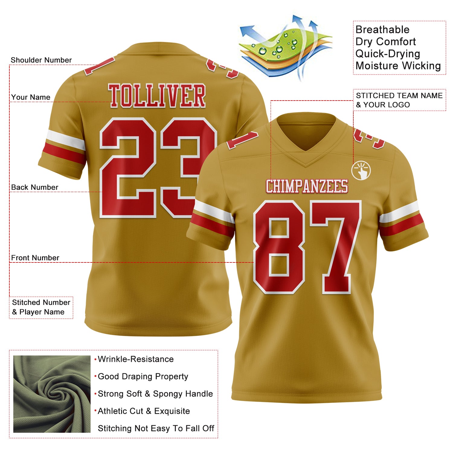 Custom Old Gold Red-White Authentic Football Jersey