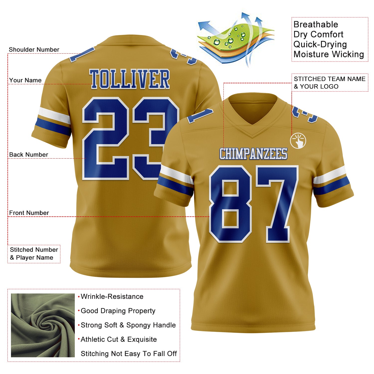 Custom Old Gold Royal-White Authentic Football Jersey