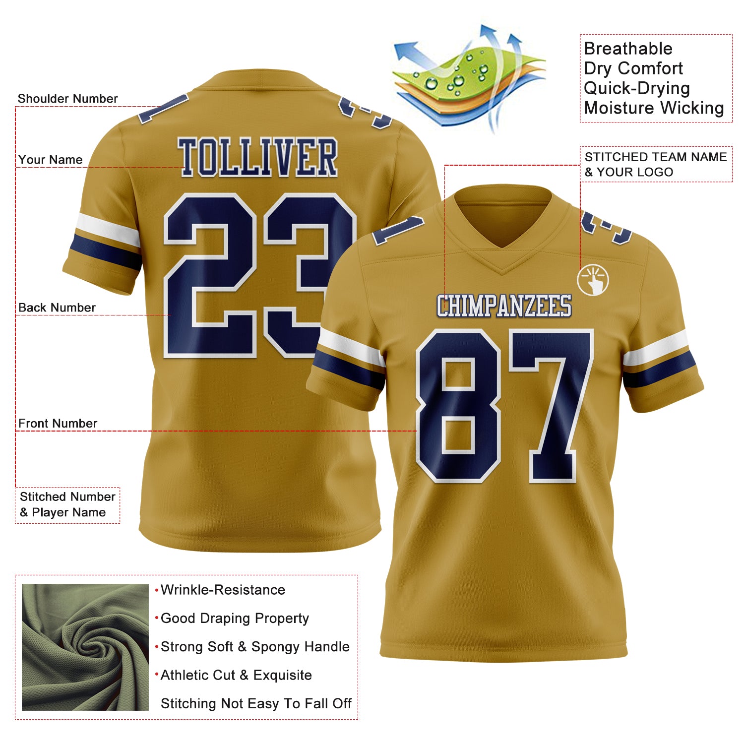 Custom Old Gold Navy-White Authentic Football Jersey
