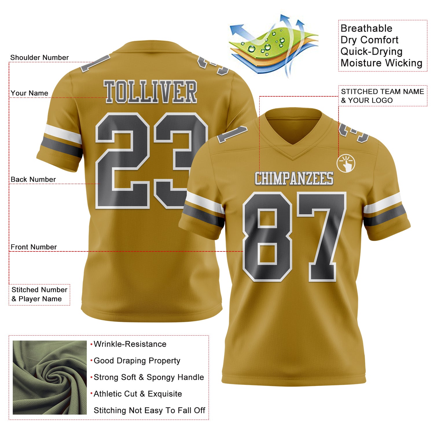 Custom Old Gold Steel Gray-White Authentic Football Jersey