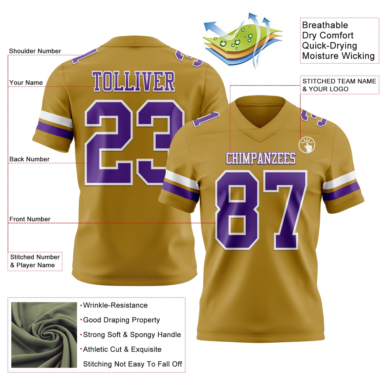 Custom Old Gold Purple-White Authentic Football Jersey