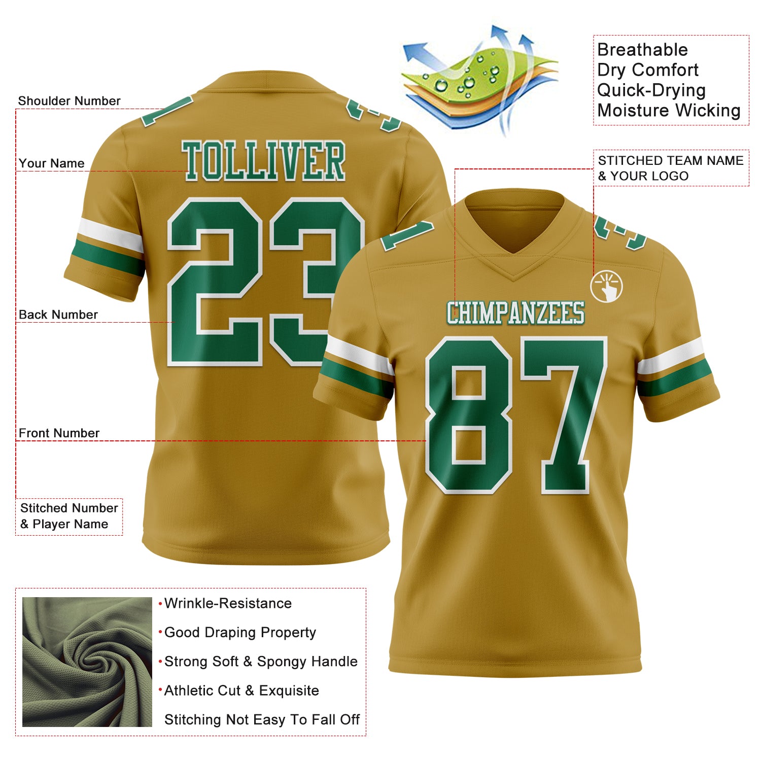 Custom Old Gold Kelly Green-White Authentic Football Jersey