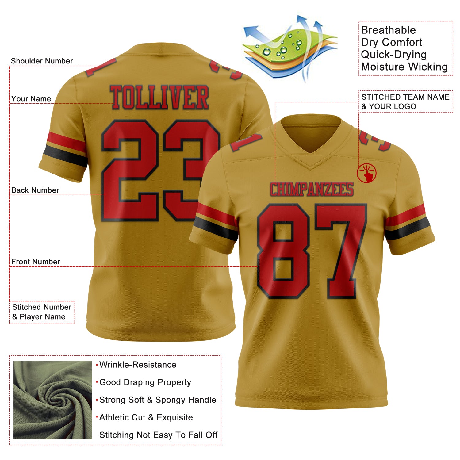 Custom Old Gold Red-Black Authentic Football Jersey