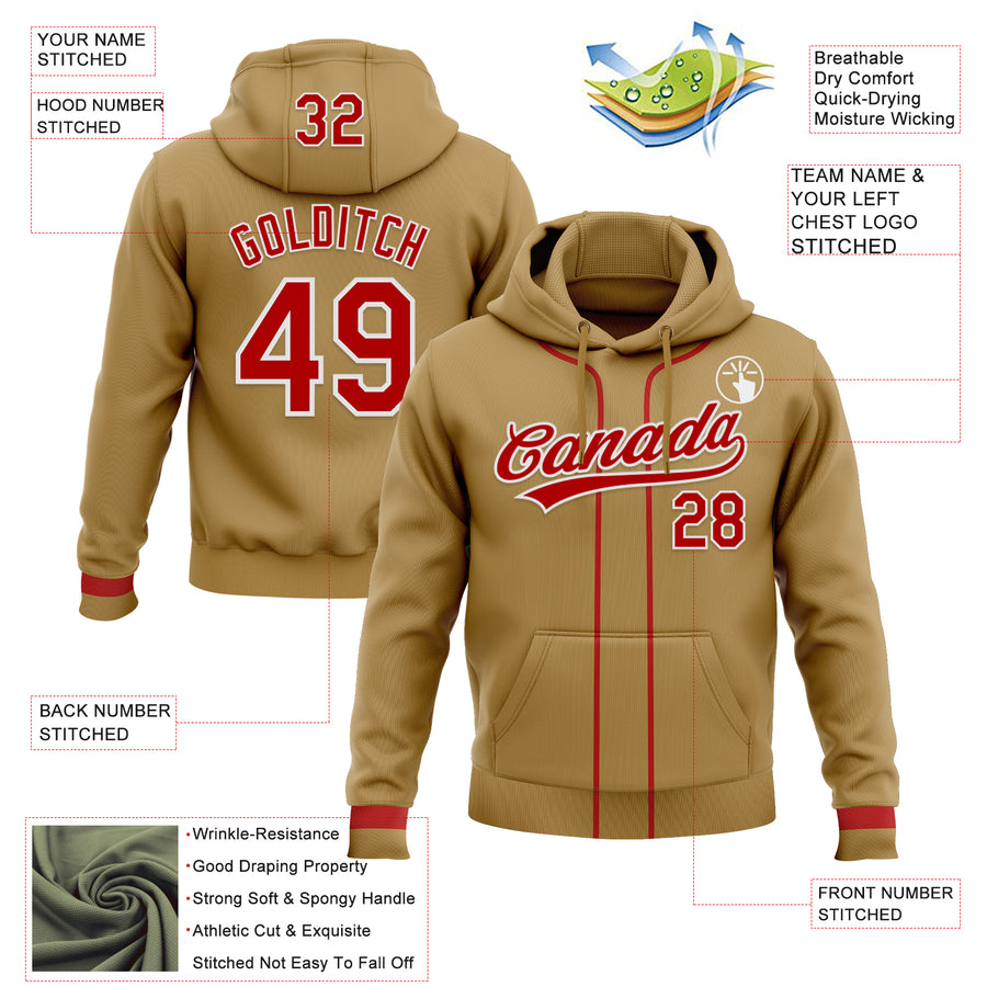 Custom Stitched Old Gold Red-White Baseball Pullover Sweatshirt Hoodie