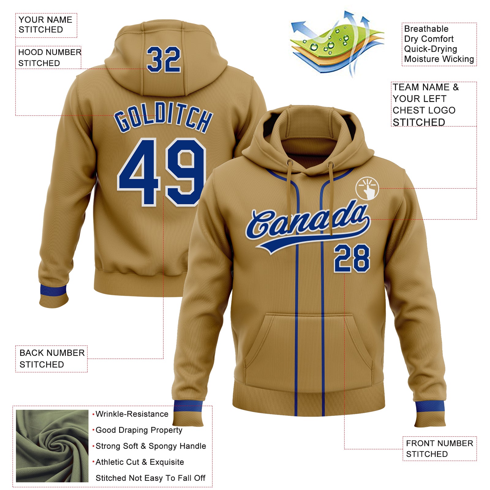 Custom Stitched Old Gold Royal-White Baseball Pullover Sweatshirt Hoodie